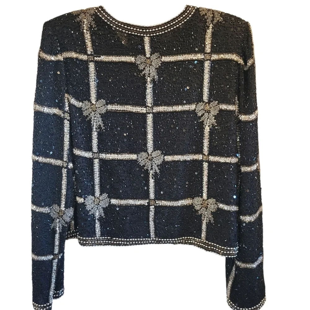 Vintage Laurence Kazar Black Silver Gold Silk Beaded Jacket